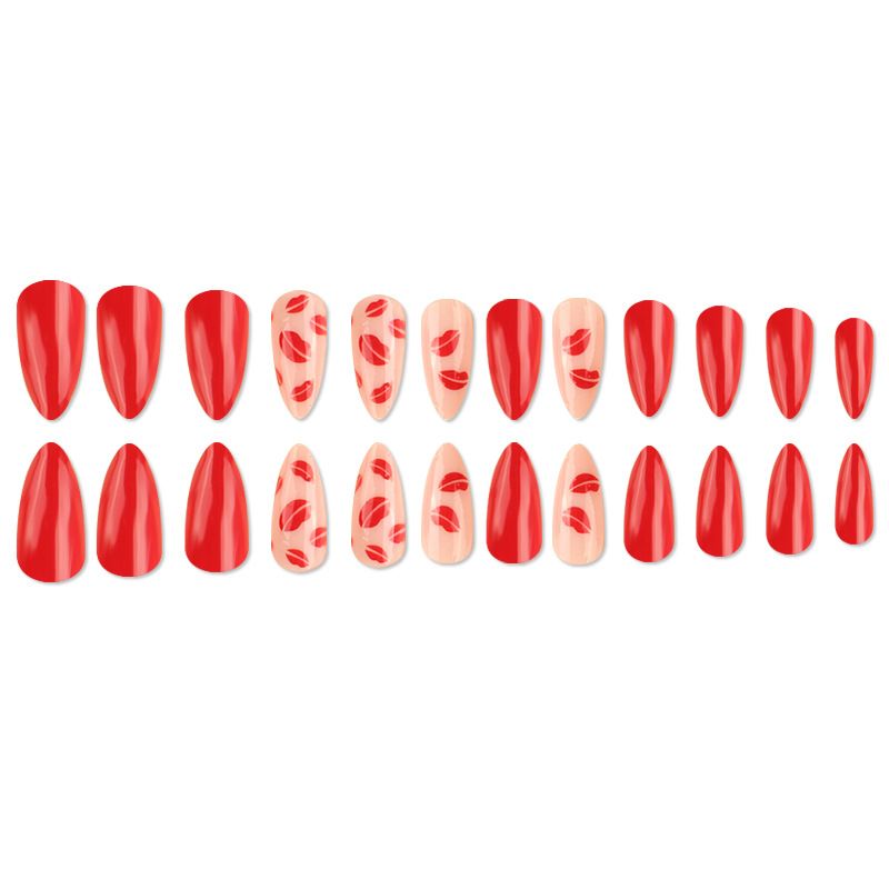 Künstliche Nägel in Mandelform, rote Lippen, Küssen und Rüstung tragen, Nagelflicken für die Straße, aufklebbare Nägel_voghion.com