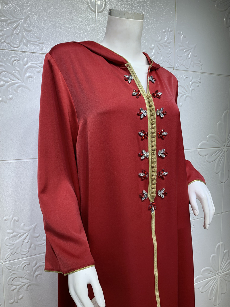 Vestido muçulmano feminino de cetim com contas abaya Dubai leve vestido de noite étnico luxuoso_voghion.com