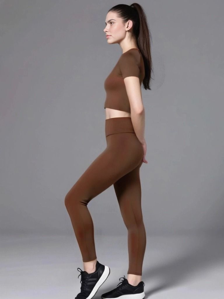 Ensemble deux pièces moulant à manches courtes et couleur unie pour le yoga, couleur rose, nouvelle collection_voghion.com