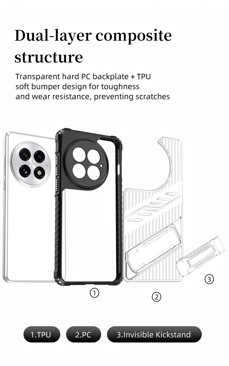 Custodia posteriore trasparente in PC+TPU con supporto per telefono per OnePlus 13 13R 12 12R Custodia morbida con supporto per armatura OnePlus NORD4_voghion.com