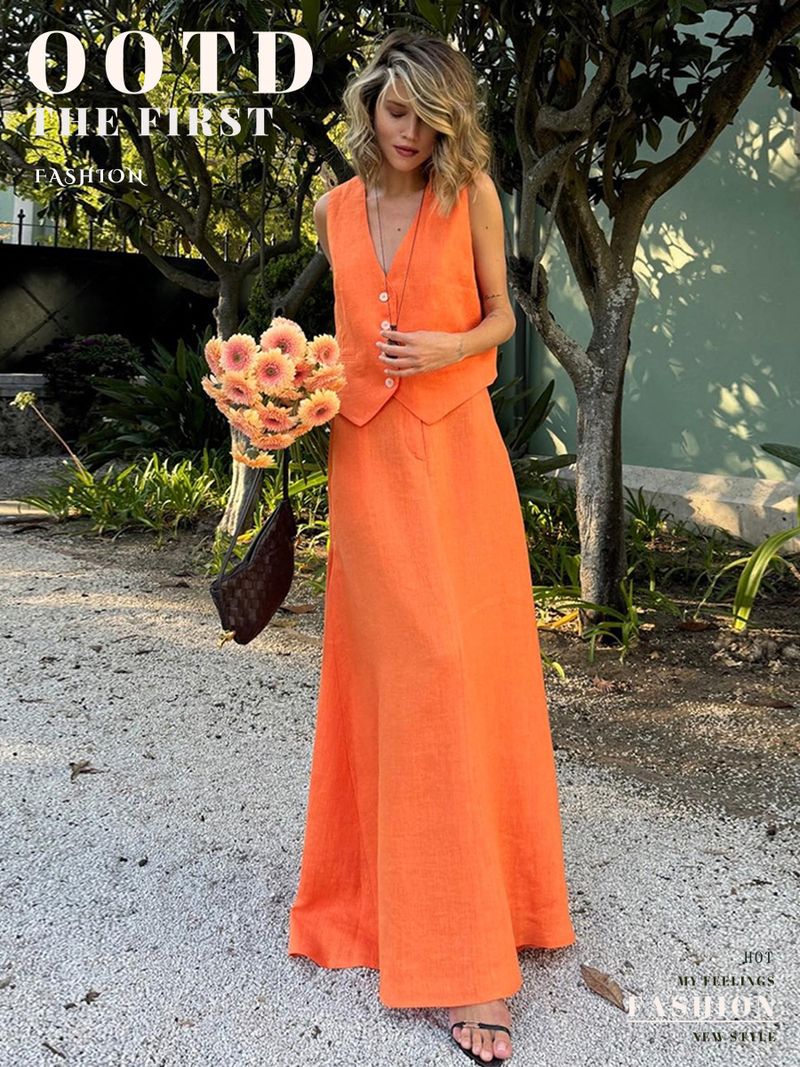 Damenbekleidung Baumwolle Leinen Weste Rock Anzug Weste Big Swing Rock Casual Anzug_voghion.com