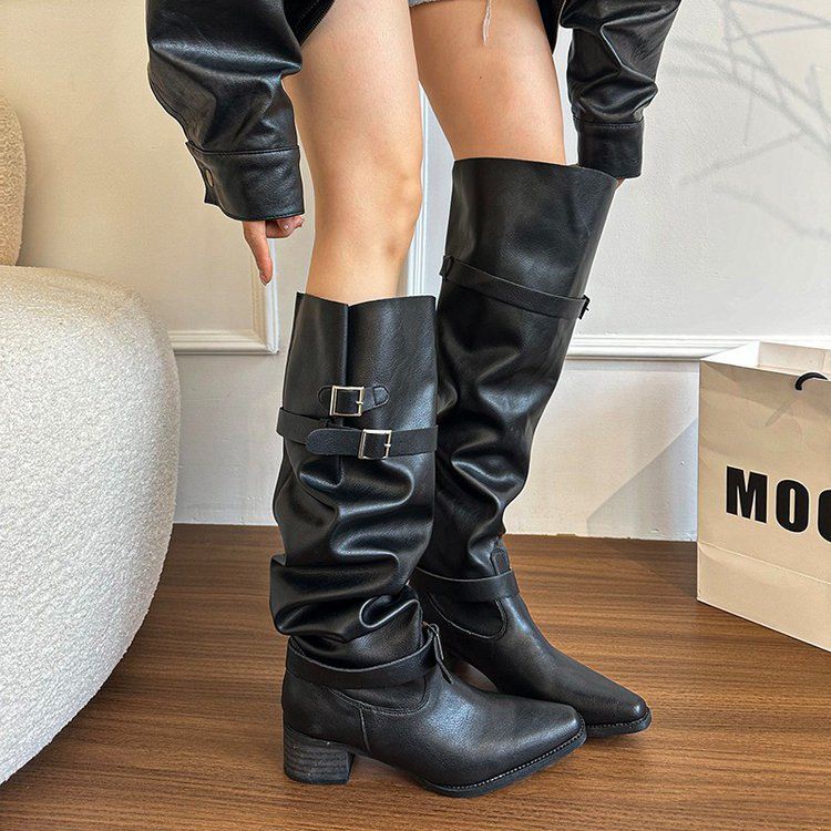 Super Popular Long Women's 2025 New Thick Heel Black Over-the-Knee Slouch Boots, Wide Shaft Riding Boots_voghion.com