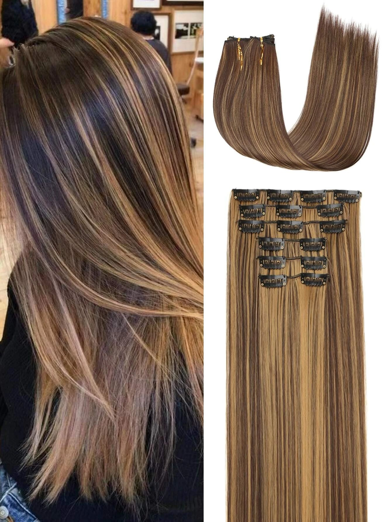Clip da 1 pezzo in 6 pezzi con 16 clip per sintetizzare un'estensione di capelli lisci estesa da 24 pollici (oro intenso e_voghion.com
