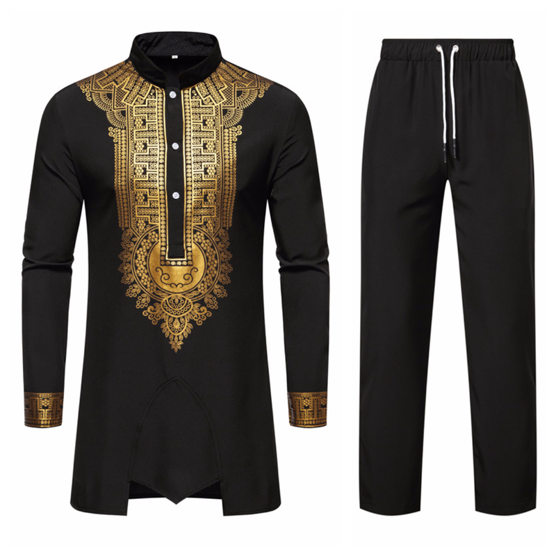 CT Men's Set Stand Collar Gold Foil Print Long Sleeve And Pants Casual Shirt For Men_voghion.com