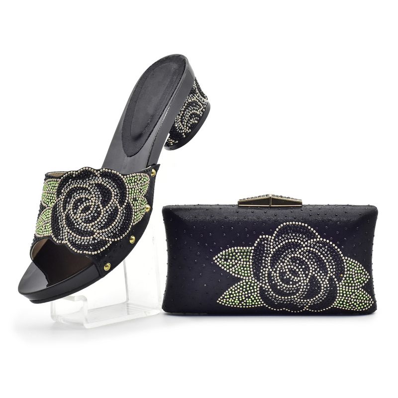 Sandali alla moda casual con tacco alto, modello a rombi con file di rose, testa rotonda, tutto in uno, con borsa_voghion.com