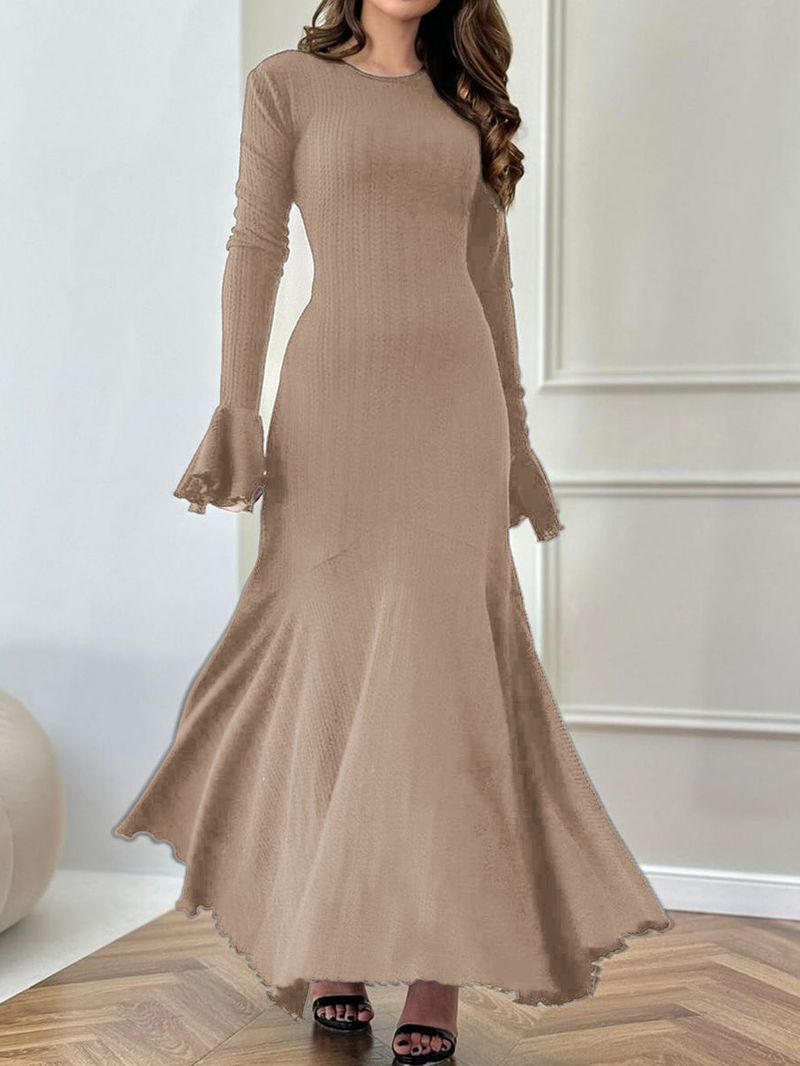 Elegante abito aderente in maglia a coste – Abito midi da donna a maniche lunghe con polsini svasati (S-XL, beige, misto poliestere-spandex)_voghion.com