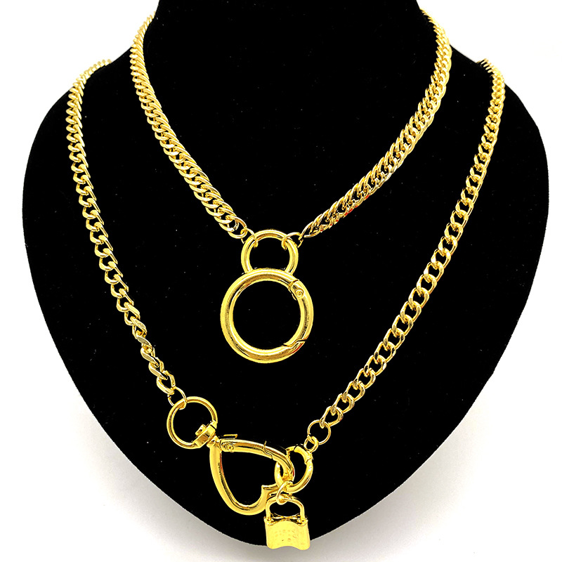 Cold ins trend style personalized OT buckle two-wear heart-shaped lock pendant multi-layer stacked necklace sweater chain_voghion.com