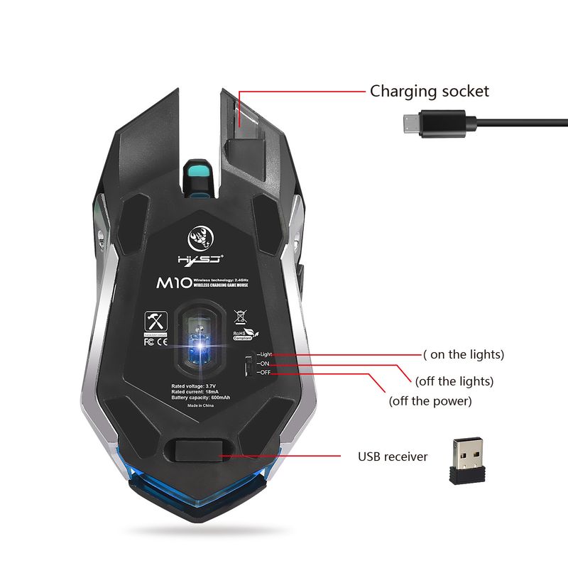 HXSJ M10 2,4G Kabellose Gaming-Maus mit wiederaufladbarem Akku, 10 m Reichweite, 2400 DPI, 7-farbiger RGB-Hintergrundbeleuchtung, 6 Tasten_voghion.com