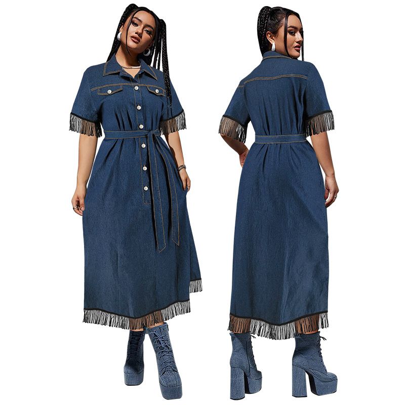 Damenbekleidung in Übergrößen Kurzärmliges Kleid mit Gürtel und Quastenknöpfen – Fließendes A-Linien-Kleid (1XL-5XL, bläulich) – Bequem und stilvoll_voghion.com
