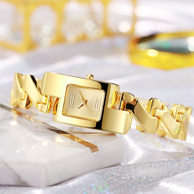 Orologio da donna, 1 pezzo, in lega d'oro, stile vintage, classico, quadrato giallo, con intarsi di diamanti e bracciale cavo._voghion.com