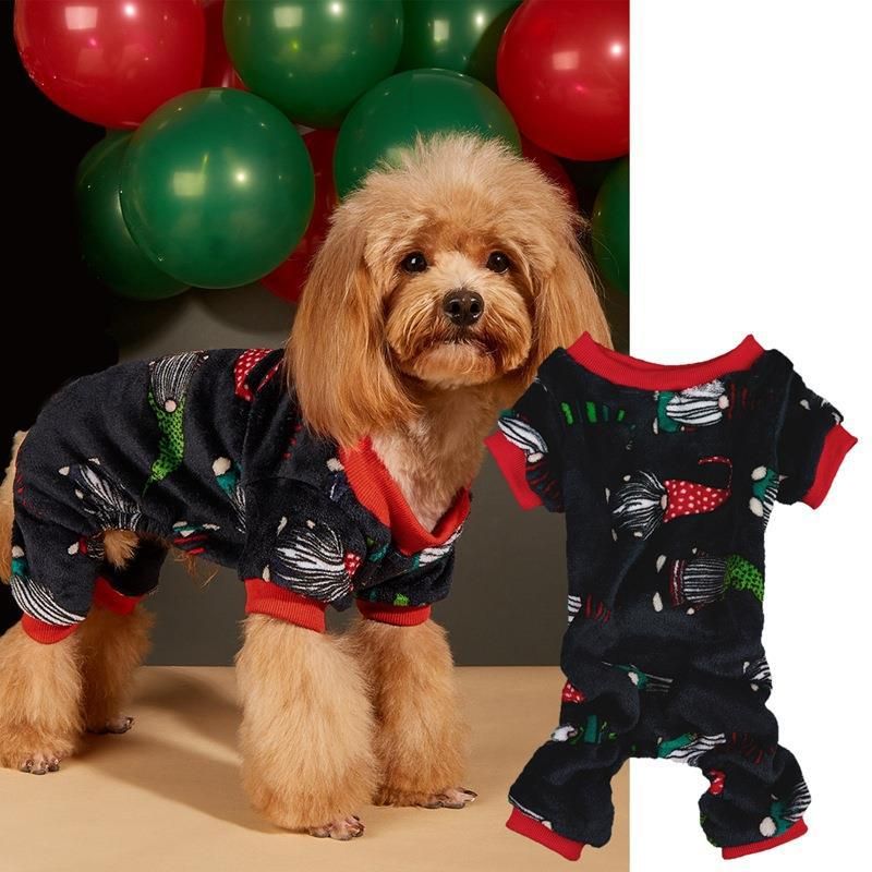 Pet Clothes Candy Reindeer Snowflake Pattern Ribbed Crew Neck Coral Warm Dog Four-Legged Fleece Jacket_voghion.com