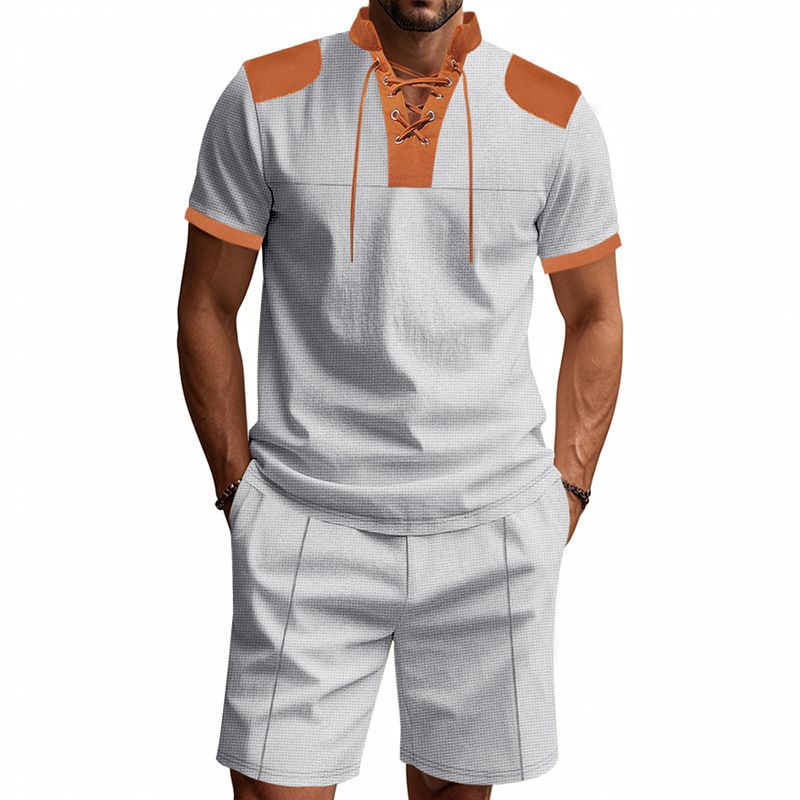 Cross-border Independent Station American Summer Casual Men's Tether Loose Henry Western Denim Waffle Short Sleeve Suit_voghion.com