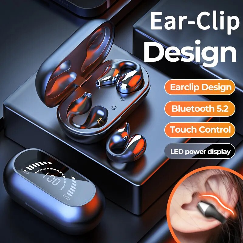 VAORLO TWS Wireless Headphones Bluetooth 5.2 Bone Conduction Earphones Earclip Design Touch Control LED Earbuds Sports_voghion.com