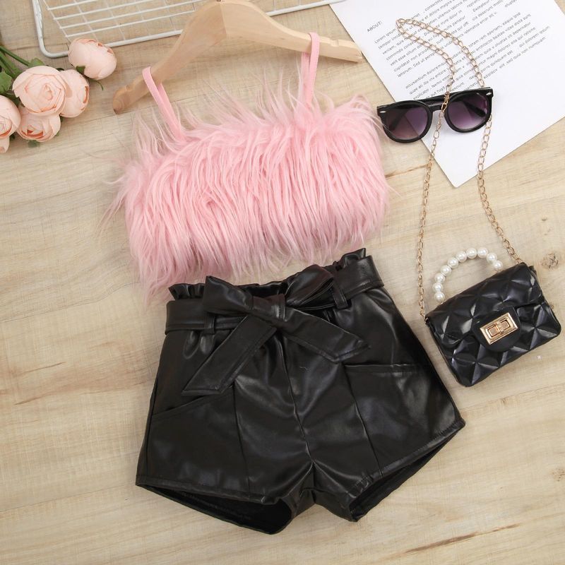 Mother & Kids Children's Clothing Popular Spring And Summer Fur Suspenders Solid Color Leather Shorts Suit With Belt_voghion.com