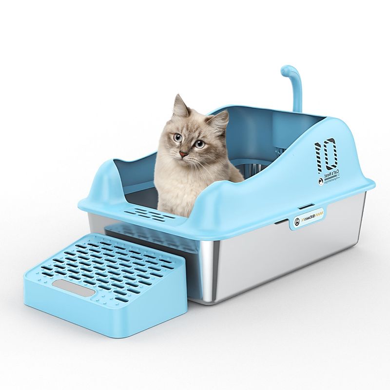 Edelstahlbox, Spritzschutz, große, halbgeschlossene Toilette, Reinigungsmittel für Haustiere, offene Katzentoilette_voghion.com
