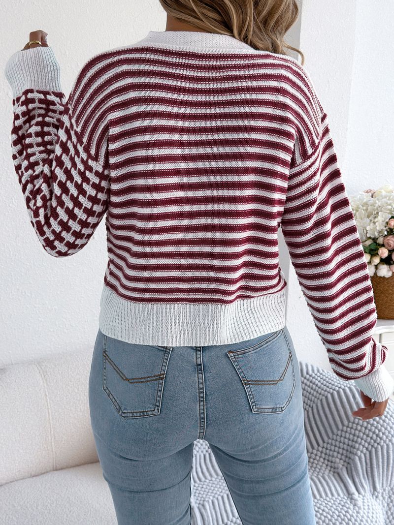 Cardigan a maniche a pipistrello con scollo a V e righe a contrasto da donna - Maglia corta autunno/inverno (cachi, bordeaux, nero)_voghion.com