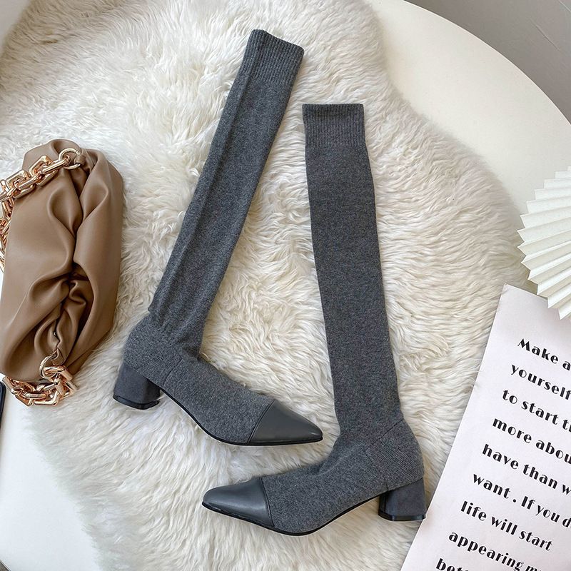 Strumpf mit spitzer Zehenpartie, schmaler Schlauch, gestrickte Wolle, elastische Socke, dicker Absatz, High Heels, Overknee-Stiefel für Damen_voghion.com