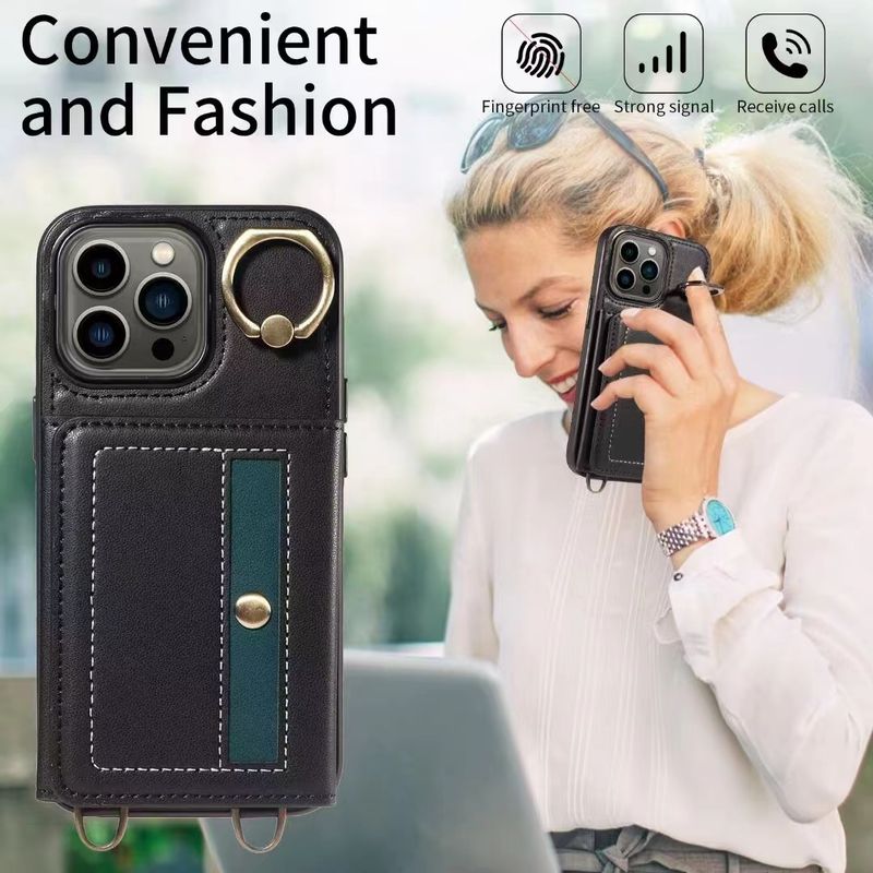 For Iphone 11 12 13 14 15 Pro Max Plus Leather Card Holder Ring Stand Long Strap Phone Case Cover_voghion.com