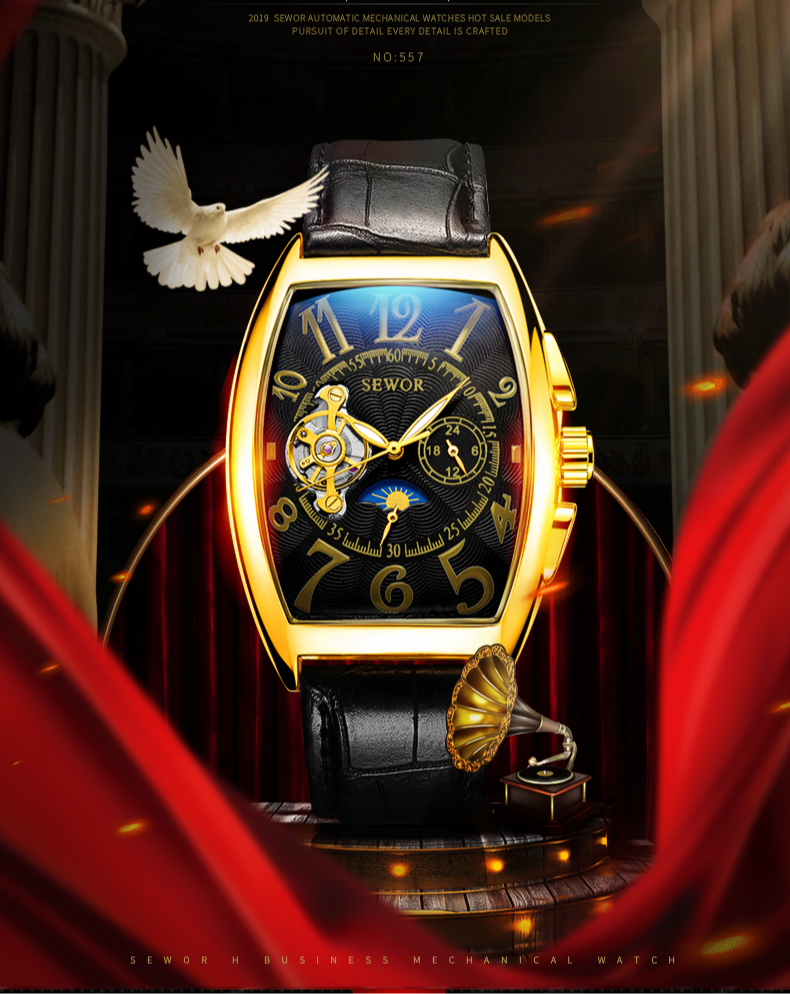 Montre mécanique noire pour homme de marque SEWOR 677 avec bracelet en cuir véritable de qualité supérieure et ensemble de montres à tourbillon volant 24 heures_voghion.com