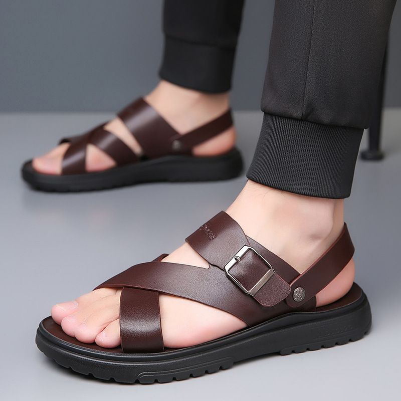 Sandali da spiaggia in pelle da uomo, nuovi, estivi 2025, con suola morbida, traspiranti, multifunzionali e alla moda_voghion.com