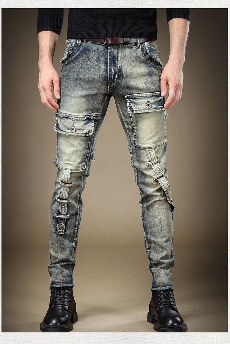 Kleidung für Teenager, zerrissene Jeans, Slim Fit, Stretch-Röhrenhose, helle Farbe, mehrere Taschen, High-End, trendige Markennähte, Bettlerhose_voghion.com