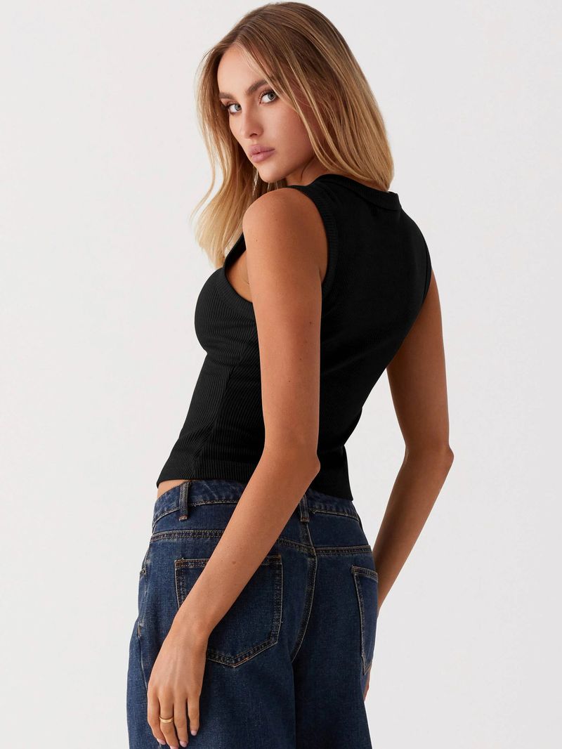 Damenbekleidung Sommer Y2K Slim Hot Girl Ärmellose Weste mit Rundhalsausschnitt und gerippten Knöpfen_voghion.com