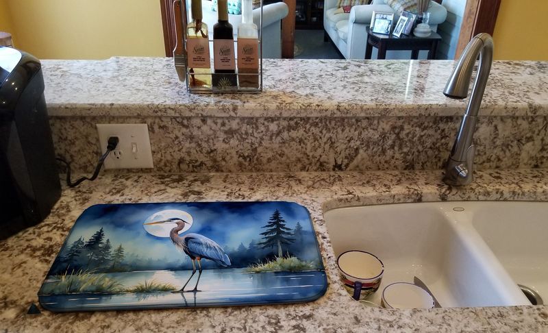 Blue Heron Under The Moonlight Dish Drying Mat Absorbent Dish Drying Mat Pad For Kitchen Counter Dish Drainer Mat For Countertop, 14 X 21", Multicolor_voghion.com