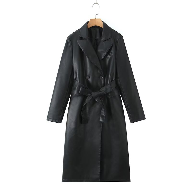 Trench in similpelle di ispirazione francese per donna – Cappotto lungo con cintura e dettagli in rilievo 3D (S-L, nero/marrone)_voghion.com