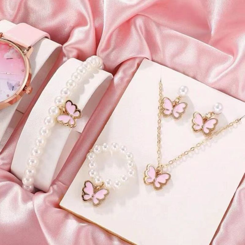 Popular Children's Jewelry Set Oil Drop Butterfly Pendant Pearl Bracelet Earrings Necklace Accessories Female_voghion.com