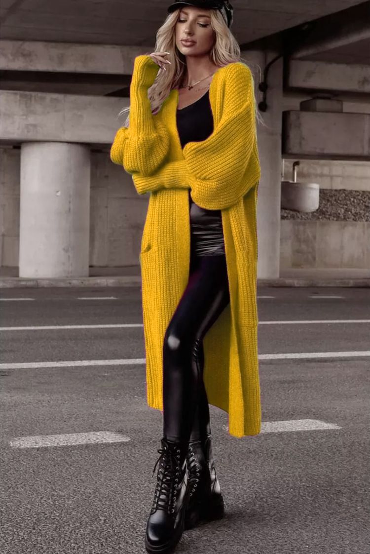 Women's Clothing Long Sleeve Batwing Pocket Cardigan Sweater - Oversized V-Neck Open Front Knit Coat In Soft Acrylic, Elegant Longline Design_voghion.com