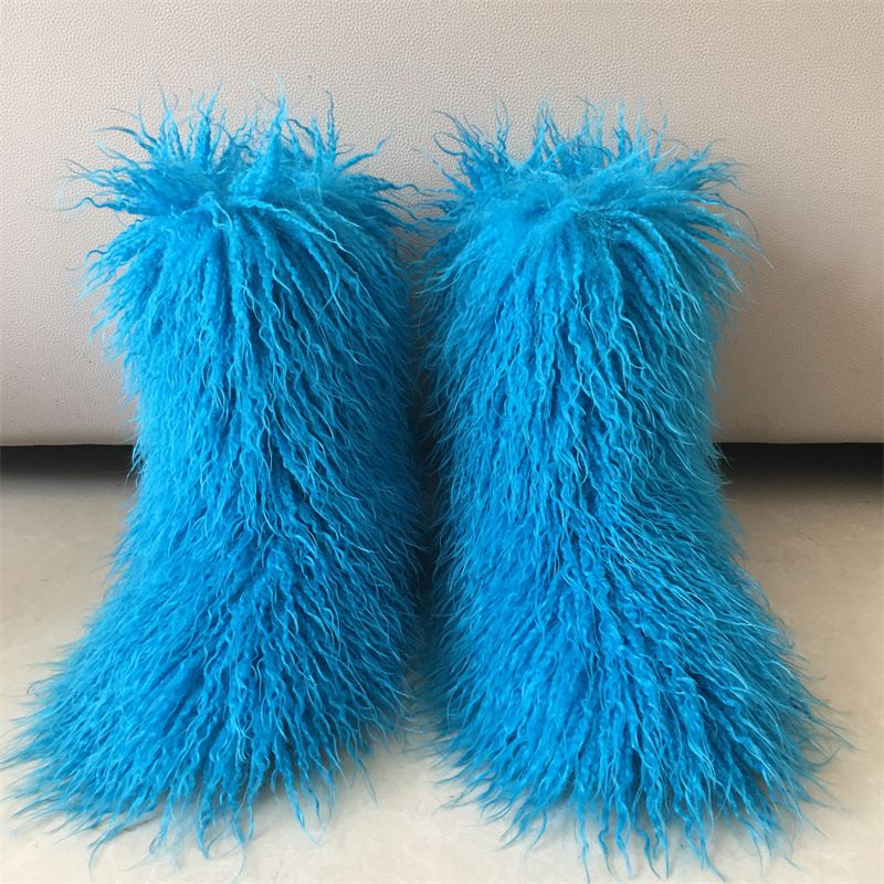 Grenziwwerschreidend europäesch an amerikanesch flaach Absatz héich Pelzstiwwelen waarm Wanter déif Mond Ronn Kapp Fuchs beige Schofspelz Schnéistiwwelen_voghion.com