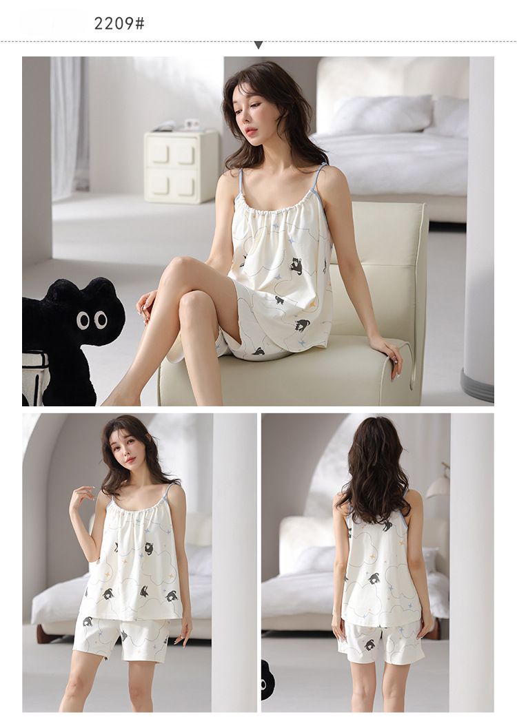 Lässiges Sommer-Pyjama-Set | Lockere Hosenträger für Damen, 100 % Baumwolle, Größe S – Frische Shorts mit Brustpolstern_voghion.com