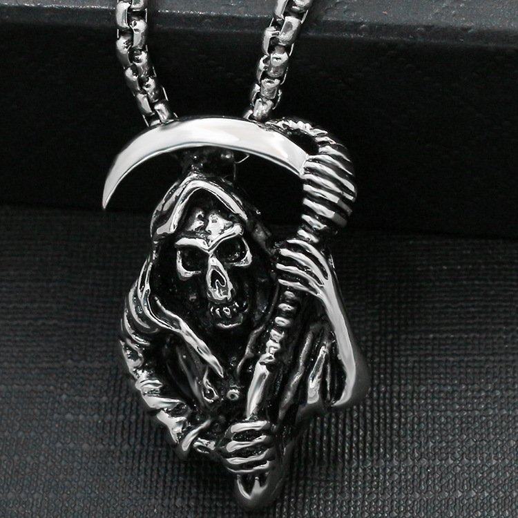 Exquisite Fashion Creative Scythe Cloak Death Skull Pendant Necklace Men Stainless Steel Retro Unique Design Jewelry_voghion.com