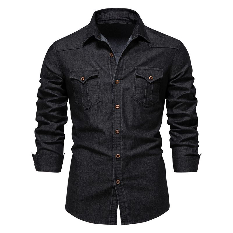 Jeanshemd für Herren – Klassische Langarm-Arbeitskleidung aus Baumwoll-Chambray, sandgewaschen und vorgeschrumpft (15 Farben von Mitternachtsschwarz bis Vintage-Blau)_voghion.com