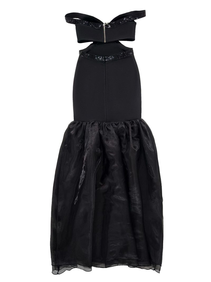 Elegante abito da sera a sirena con spalle scoperte, fasciatura, rete trasparente e vita alta per donna_voghion.com