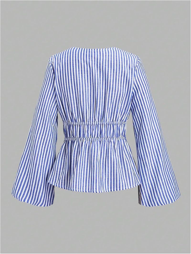 Women's Clothing Striped Front Tie Up Trumpet Sleeve Deep V Neck Elegant Ruffle Top_voghion.com