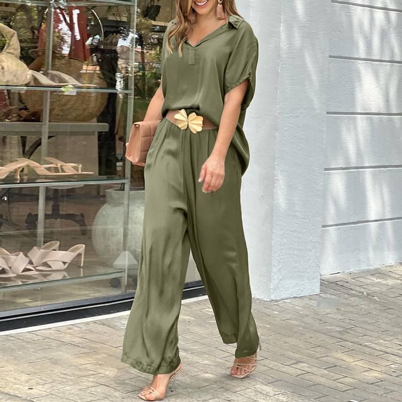 Pantaloni a gamba larga eleganti da donna, coordinati alla moda, set casual in tinta unita, due pezzi_voghion.com