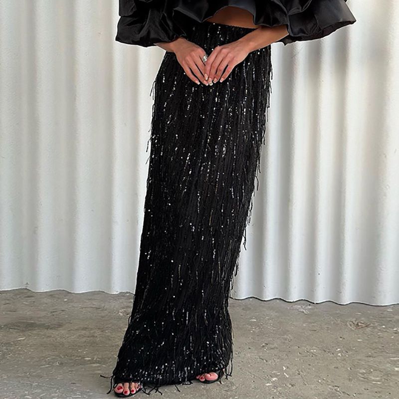 Gonna midi elegante con frange e paillettes per donna - Abito da sera scintillante a trapezio con perline scintillanti, perfetto per eventi serali e speciali_voghion.com