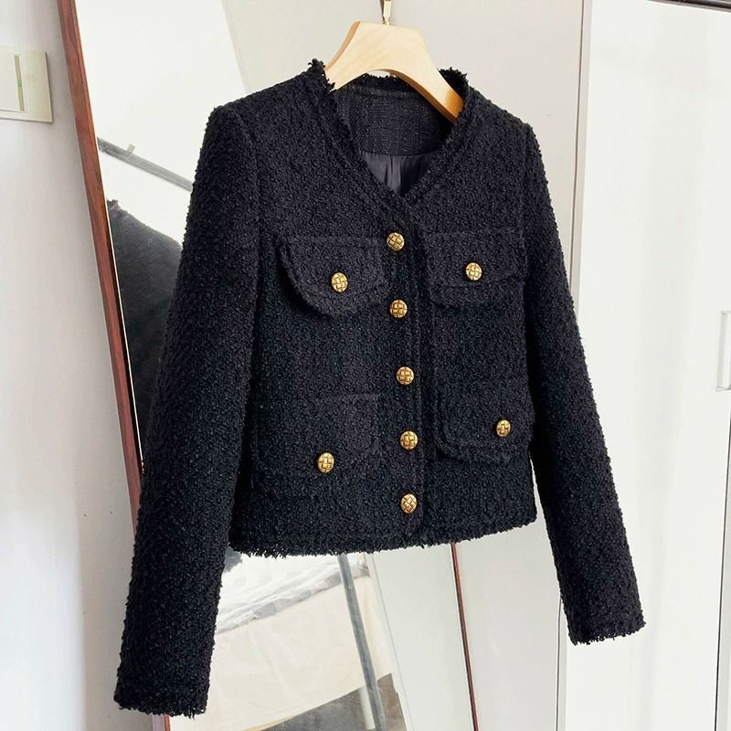 Giacca corta nera in stile 2024, nuova primavera autunno, elegante e sottile, in tweed, a maniche lunghe, per donna_voghion.com