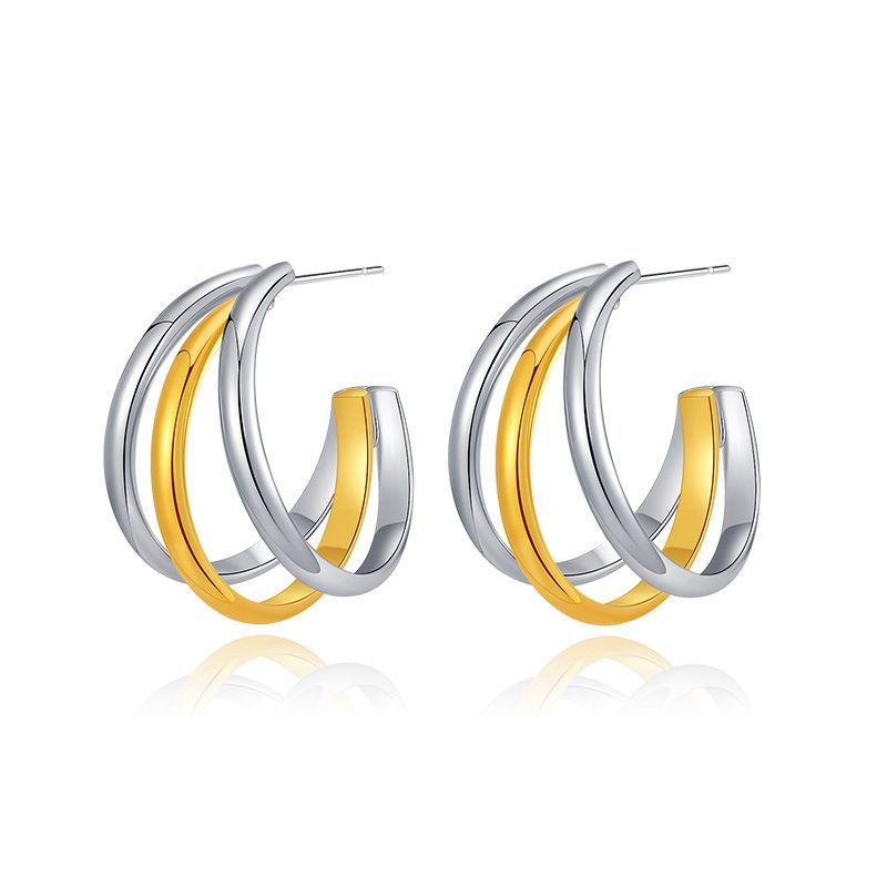 Gold and silver contrasting design personality earrings K real gold plated niche metal texture cross twist earrings_voghion.com