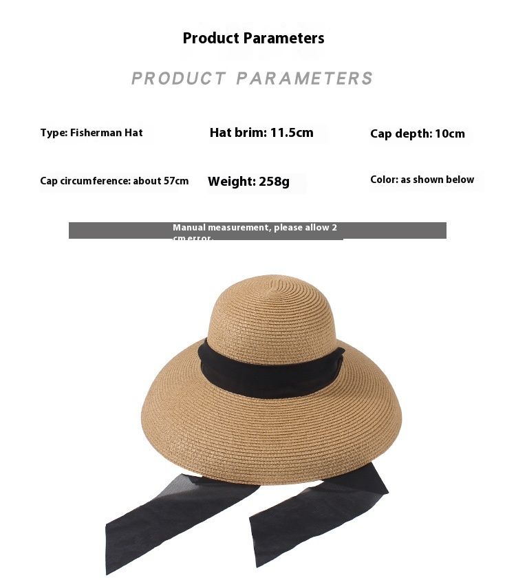 Neuer Strohhut im Hepburn-Stil mit großer Krempe und langem französischem Band, faltbarer Sonnenschutz, Gesichtsbedeckung, Urlaubsstrand, Sonnenhut für Touristen_voghion.com