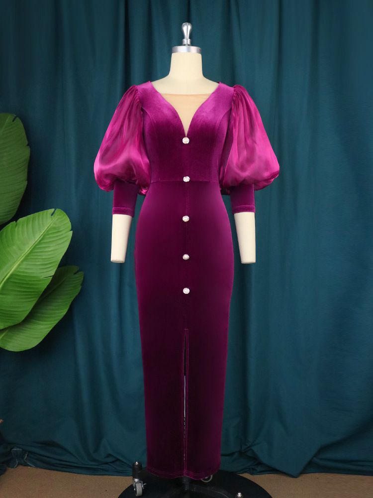 Női ruházat Plus size lámpás ujjú hasított ruha Új őszi világos, érett stílusú V-nyakú ruha vintage ruha_voghion.com