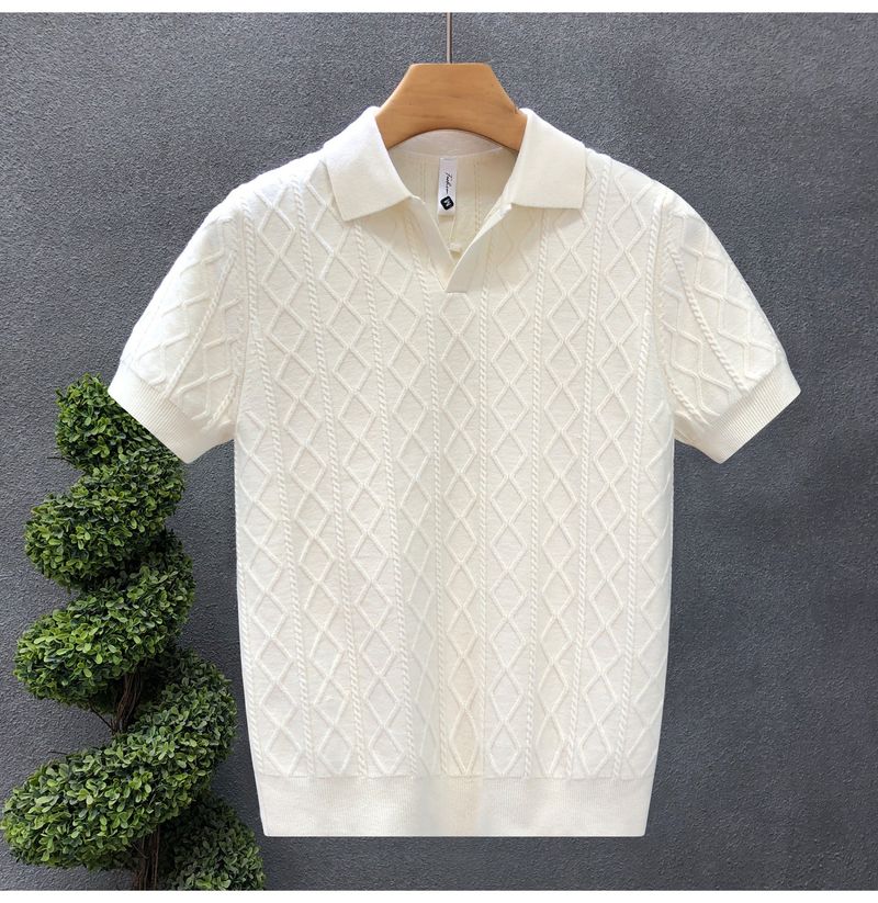 Polo da uomo in maglia testurizzata – Maglia casual a maniche corte con colletto a contrasto (M-3XL, bianco/nero/grigio/marrone, vestibilità slim e rilassata)_voghion.com