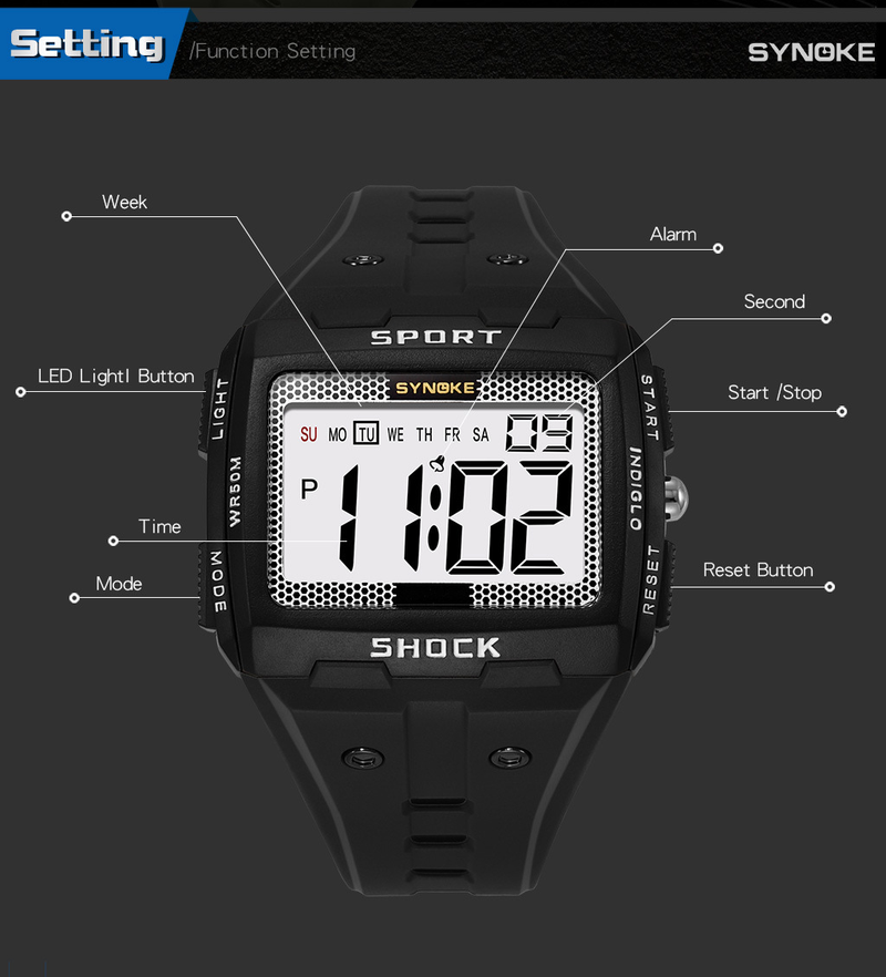 Large Screen Square Outdoor Sports Watch For Men - Waterproof, Shockproof, LED Backlight, Stopwatch, Alarm, Perfect For Running, Camping, Hiking_voghion.com