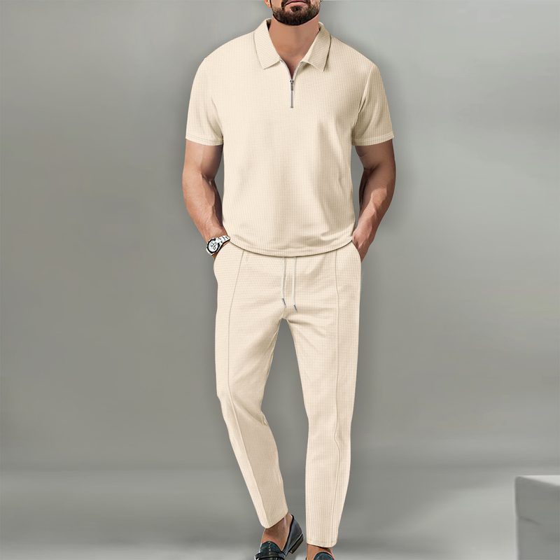 Set pantaloni lungi cu mânecă scurtă și casual pentru bărbați, model Waffle_voghion.com