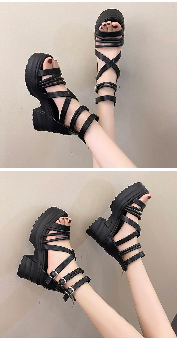 Sandale damă cu toc gros, stil gladiator roman, cu barete și toc înalt, platformă gotică, vârful deschis, pantofi cu cage_voghion.com