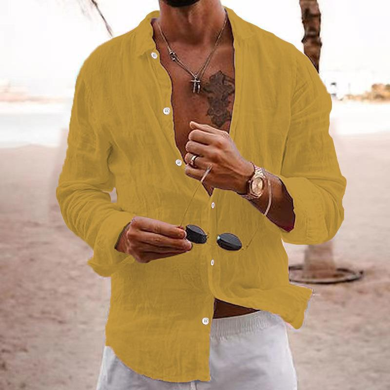 2023 New Men's Shirt Solid Color Loose Single-Breasted Turn-Down Collar Cotton Linen Long Sleeve Top_voghion.com