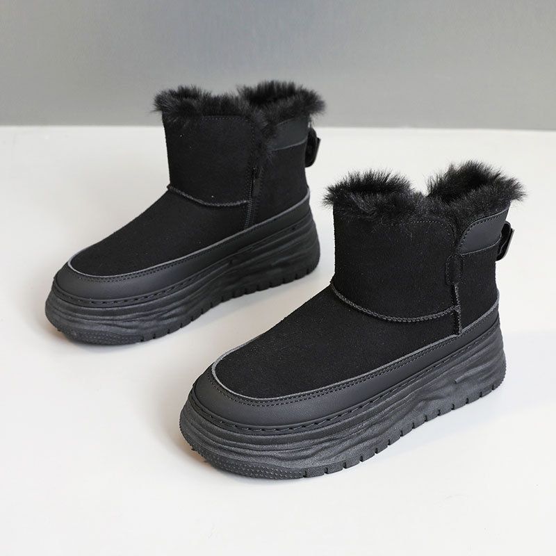 New 2024 Autumn Winter Korean Style Fleece-Lined Snow Boots For Women Solid Color Mid-Cut Height-Increasing_voghion.com
