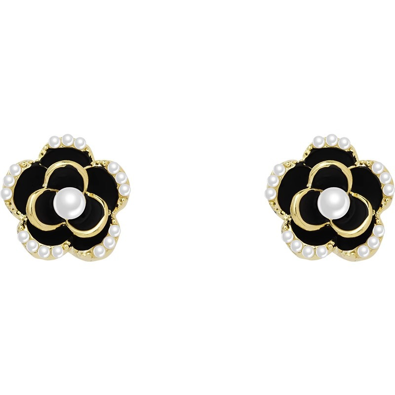 Women's Earrings Black Camellia Earrings Women's Niche High Design Simple Pearl Earrings French Ear Accessories_voghion.com