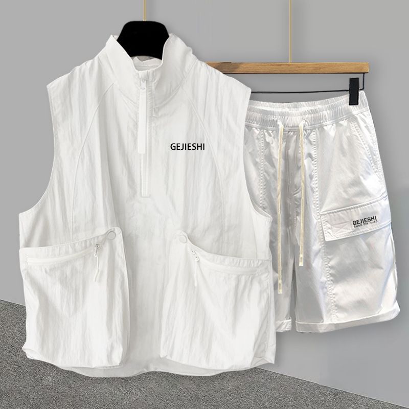 Herrenbekleidung Halbreißverschluss bestickte Stehkragenweste Anzug Herren Sommer koreanischen Stil trendiges Reißverschlusstaschen-Design lässig ärmelloses T-Shirt_voghion.com